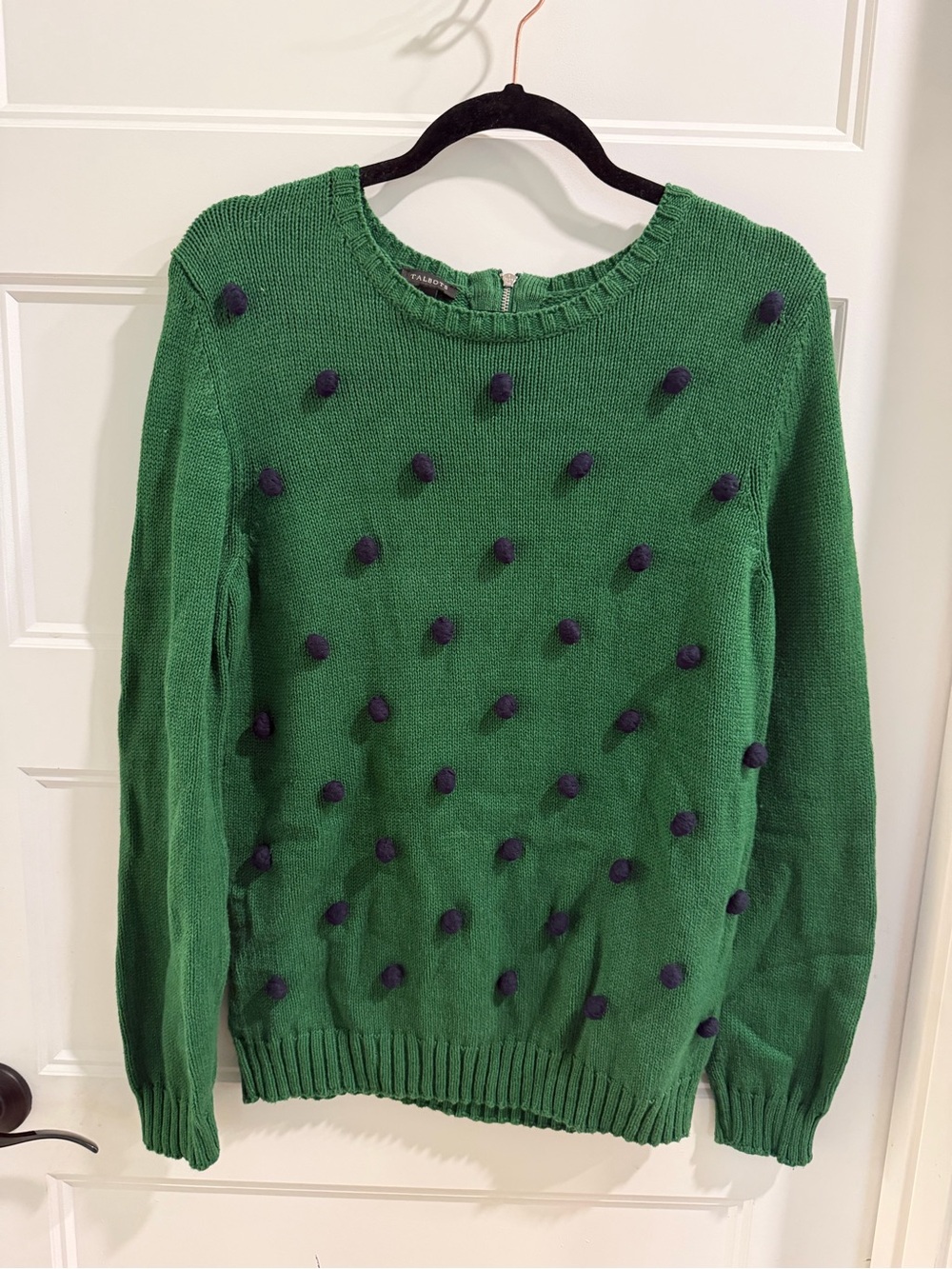 Talbots-sz L-Green Pom-Pom Crewneck Sweater, Perfect for Game Day!